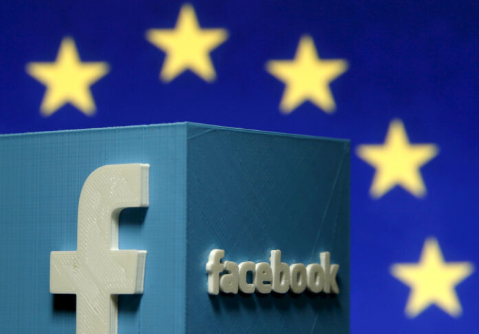 File picture illustration of a 3D-printed Facebook logo in front of the EU logo