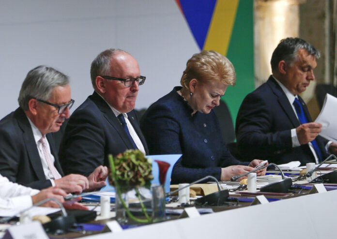 European Commission President Juncker, European Commission vice-president Timmermans, Lithuanian President Grybauskaite and Hungarian Prime Minister Orban take part in an informal meeting of European Union heads of state and government in Valletta