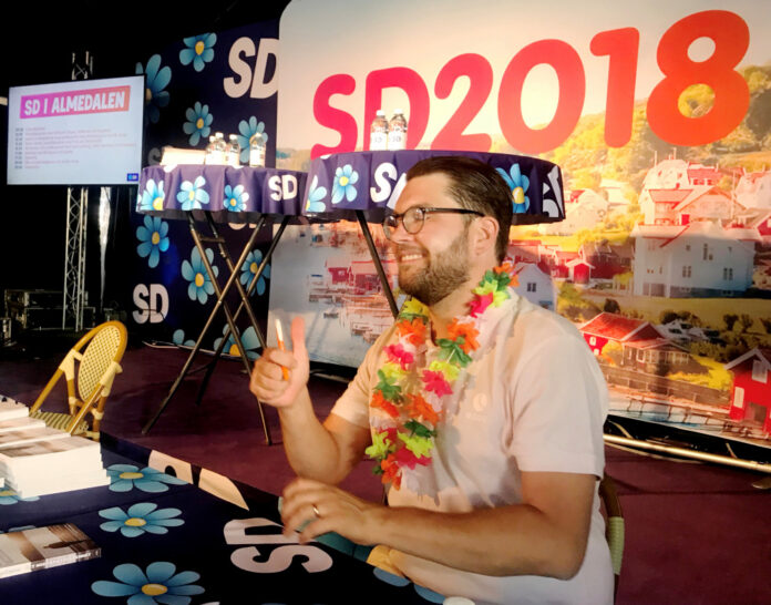 Sweden Democrats party leader Jimmie Akesson reacts at a book launch in Visby