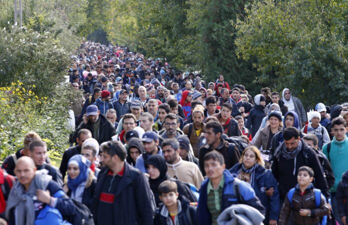 Migrants walk to cross the border with Austria in Hegyeshalom