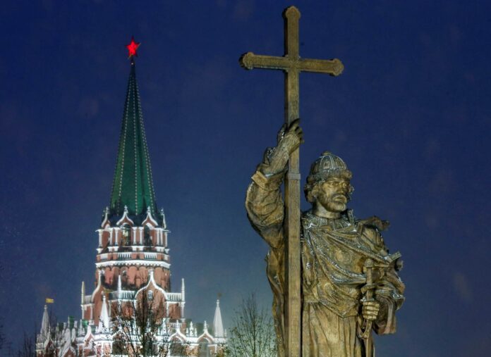 General view shows monument to Grand Prince Vladimir near Kremlin walls in Moscow
