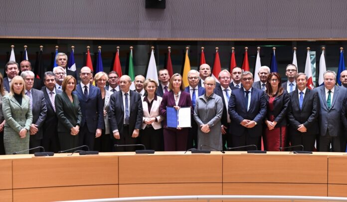 European Union foreign and defence ministers attend a signature ceremony of a defence pact in Brussels
