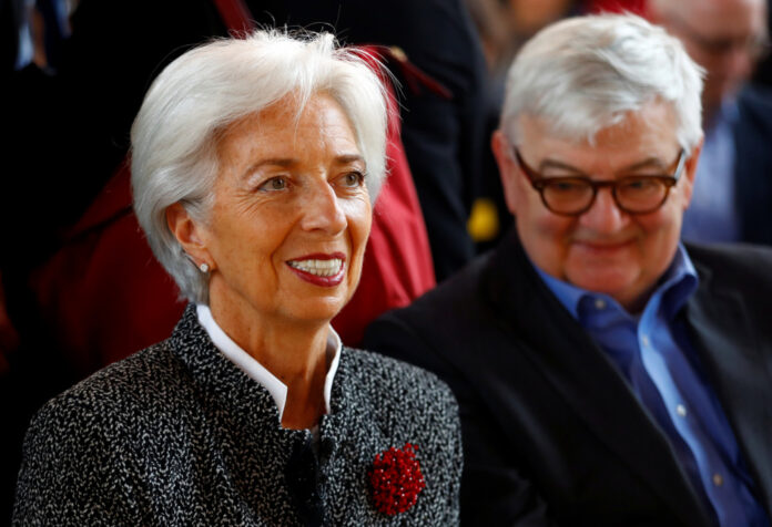 Lagarde, Managing Director of the IMF, holds a speech during the