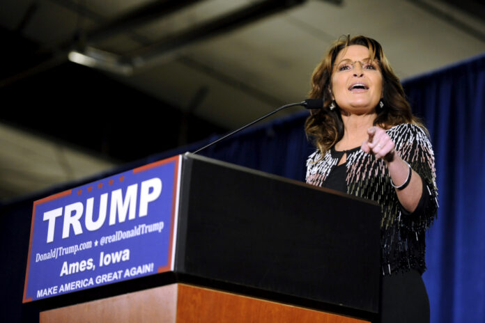 Palin speaks after endorsing U.S. Republican presidential candidate Trump for President at a rally at Iowa State University in Ames, Iowa