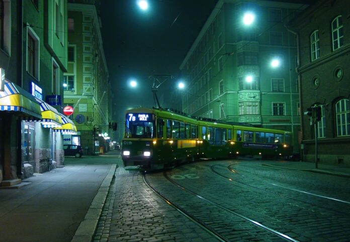 A city tram on a foggy street September 11, 2014 in Helsinki