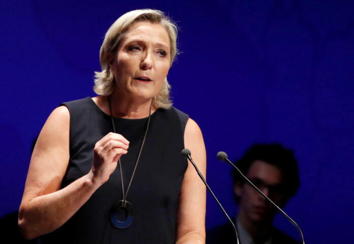 French far-right National Rally party leader Marine Le Pen delivers her comeback speech in Frejus