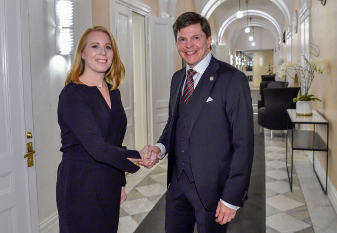 Swedish Speaker of Parliament Andreas Norlen meets with Centre Party leader Annie Loof at the Parliament in Stockholm