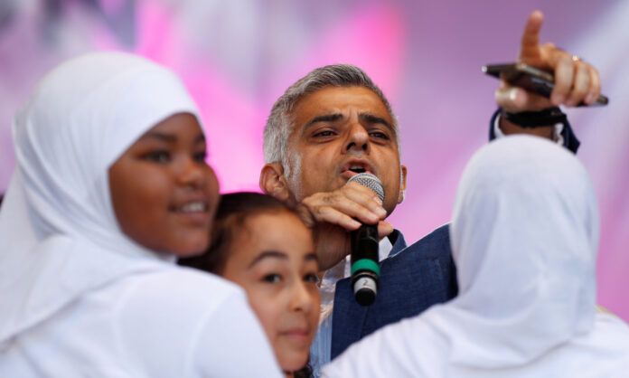 London Mayor, Sadiq Khan, speaks to an audience during the Eid Festival in Trafalgar Square, London